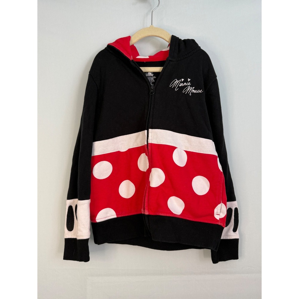 Disney Minnie Mouse Zip Up Hoodie Kids Medium Black Red‎ Polka Dot Ears Bow